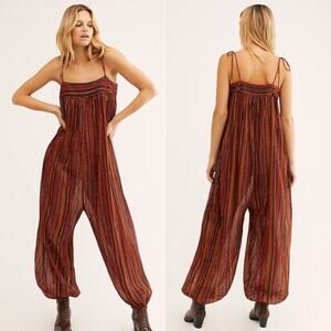 Free People Harem Lurex Sheer Striped Jumpsuit Copper Rust Medium Metallic